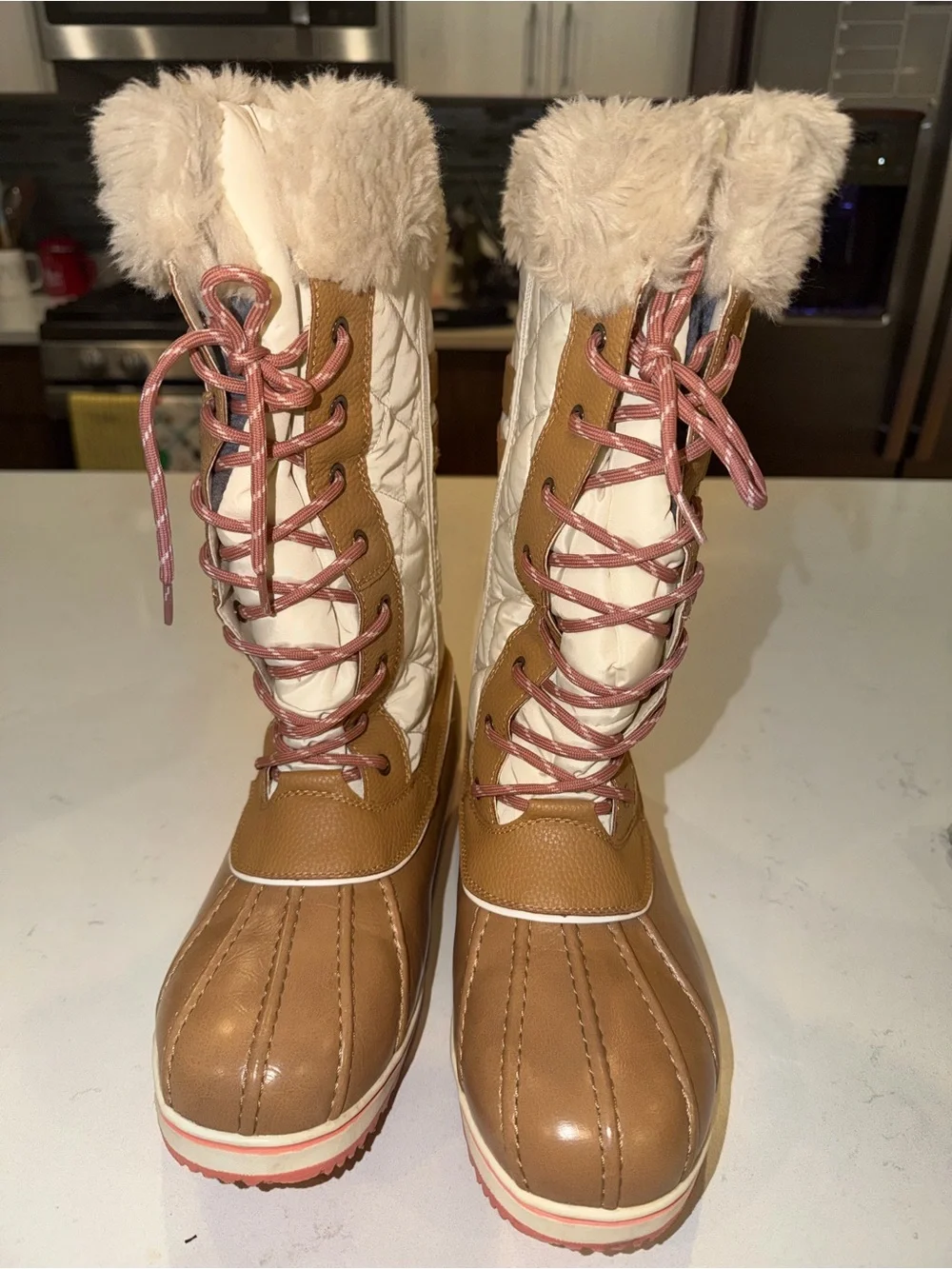 Faux Fur Lace-Up Winter Boots in Tan and Cream